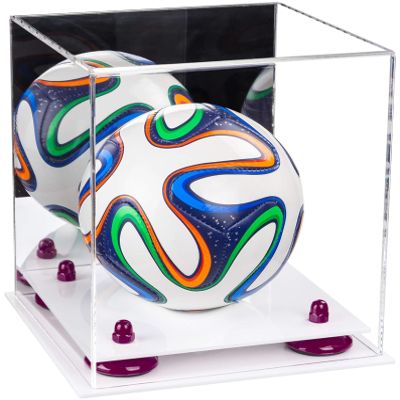 Better Display Cases Acrylic Mini - Miniature (not Full Size) Soccer Ball Display Case with Mirror Case, Purple Risers and White Base (B03/A015)
