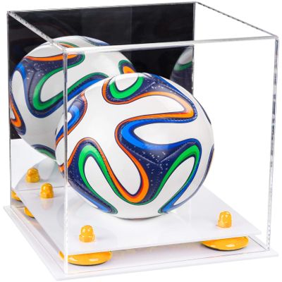Better Display Cases Acrylic Mini - Miniature (not Full Size) Soccer Ball Display Case with Mirror Case, Yellow Risers and White Base (B03/A015)