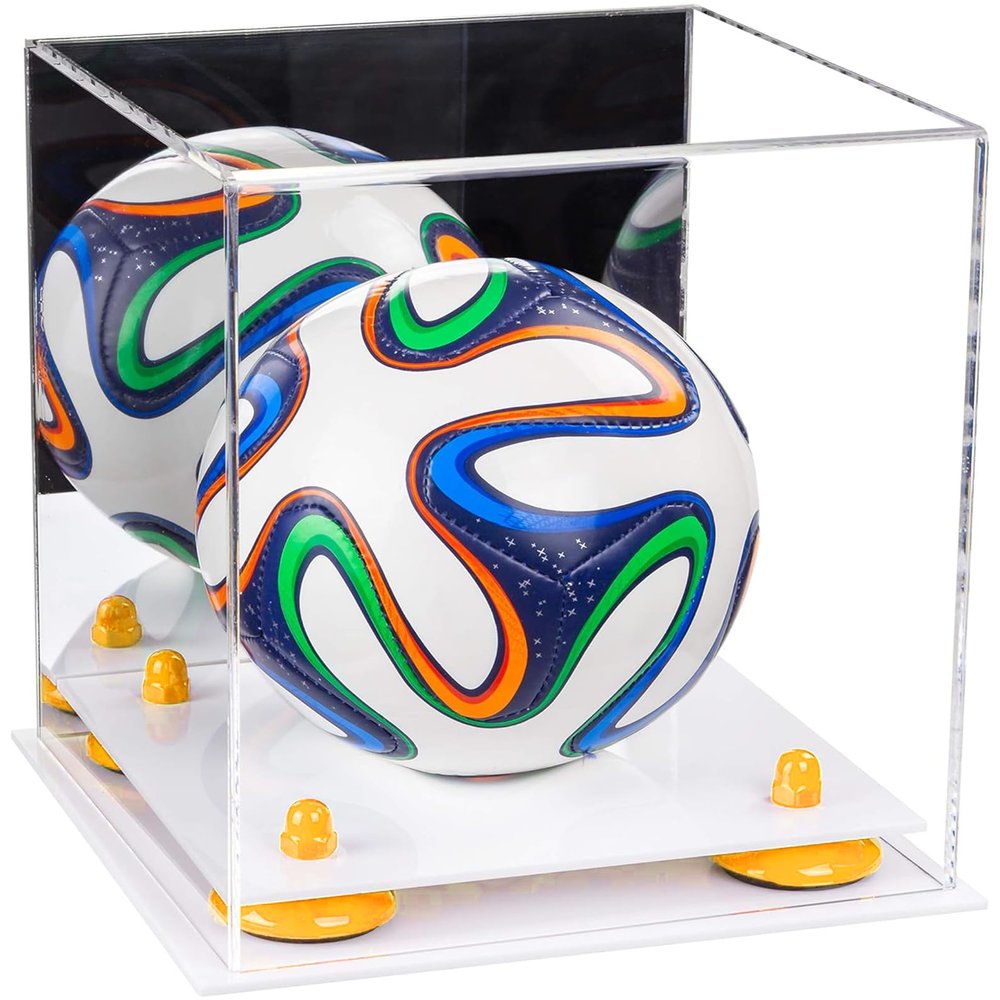 Better Display Cases Acrylic Mini - Miniature (not Full Size) Soccer Ball Display Case with Mirror Case, Yellow Risers and White Base (B03/A015)