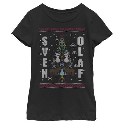 Fifth Sun Frozen Sven & Olaf Girl's Solid Crew Tee, Black, Medium