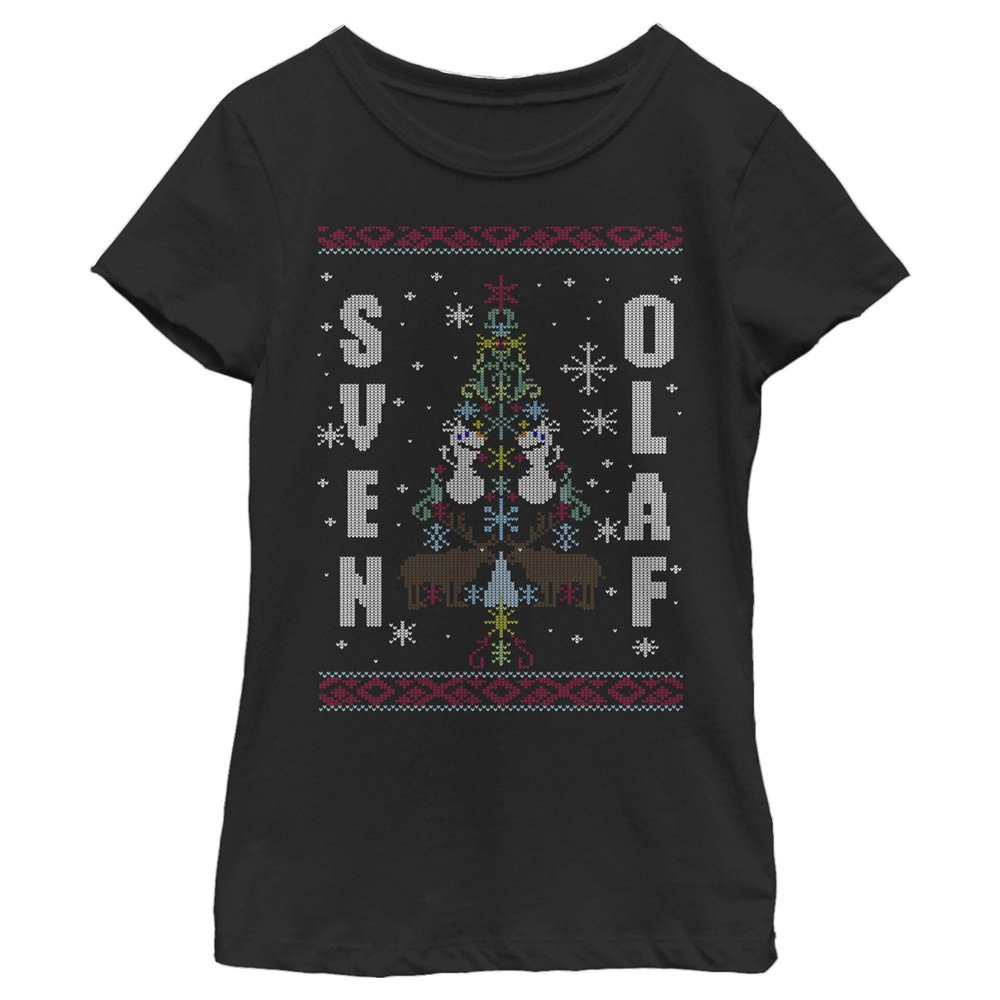 Fifth Sun Frozen Sven & Olaf Girl's Solid Crew Tee, Black, Medium