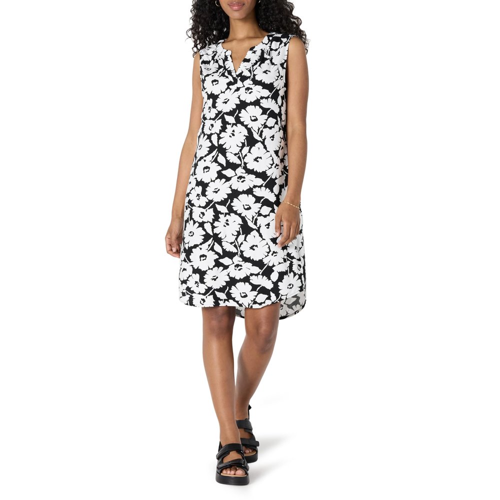 Amazon Essentials Women's Sleeveless Woven Shift Dress, Black White Abstract Floral, X-Small