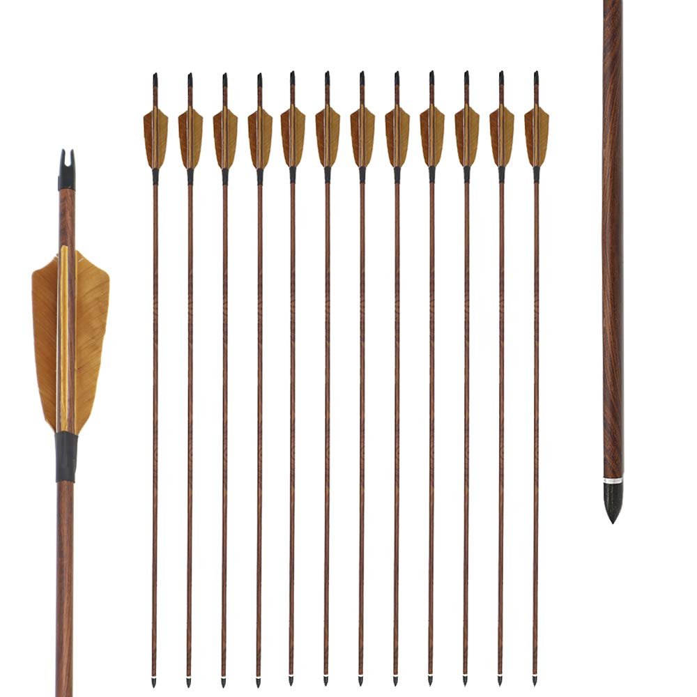 Obert 12pcs Archery Pure Carbon Arrows Wood Grain Shaft for Recurvebow Compoundbow Longbow 28 Inch Spine 400/500 with 4" Real Feathers for Hunting Practice (Spine500)