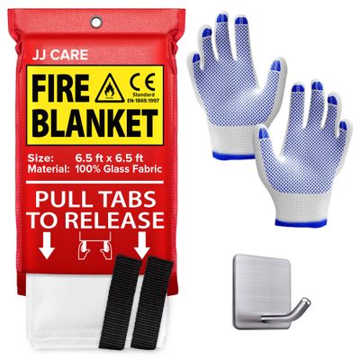 JJ CARE Fire Blanket (X-Large) 6.5x6.5ft w/Hooks & Gloves, Emergency Fire Blanket for Home & Kitchen, High Heat Resistant Fire Suppression Blankets for Home Safety, Kitchen, Camping