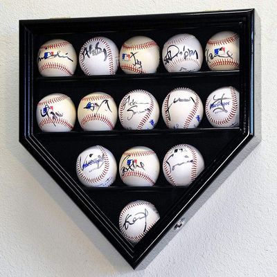 14 Baseball Display Case Cabinet Holder Wall Rack Home Plate Shaped w/UV Protection- Lockable -Black