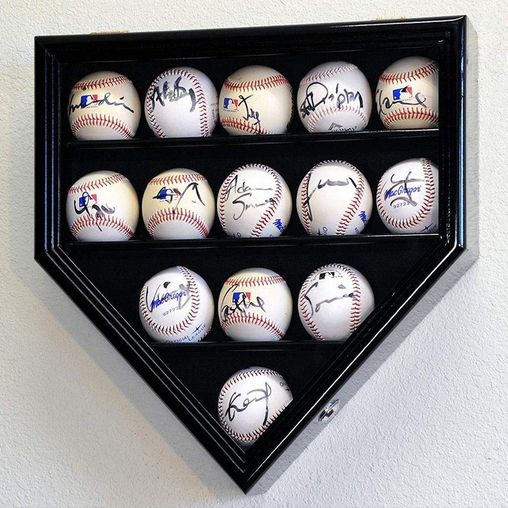 14 Baseball Display Case Cabinet Holder Wall Rack Home Plate Shaped w/UV Protection- Lockable -Black