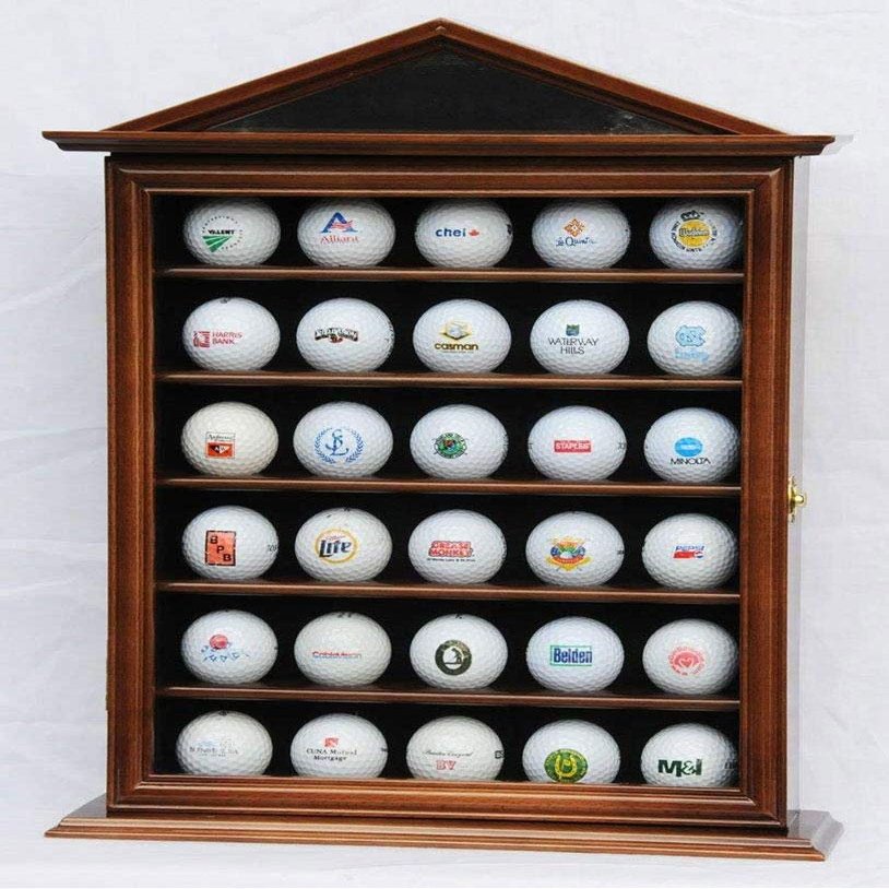 Flags connections 30 Golf Ball Designer Display Case Cabinet Holder Wall Rack -Walnut