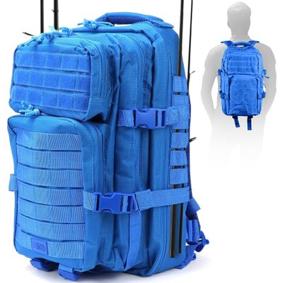OSAGE RIVER MOLLE Fishing Backpack with Rod Holder - 600D Large Tackle Bag for Trays and Fishing Accessories - Tactical Backpack for Camping, Traveling, Hunting - Electric Eel Blue