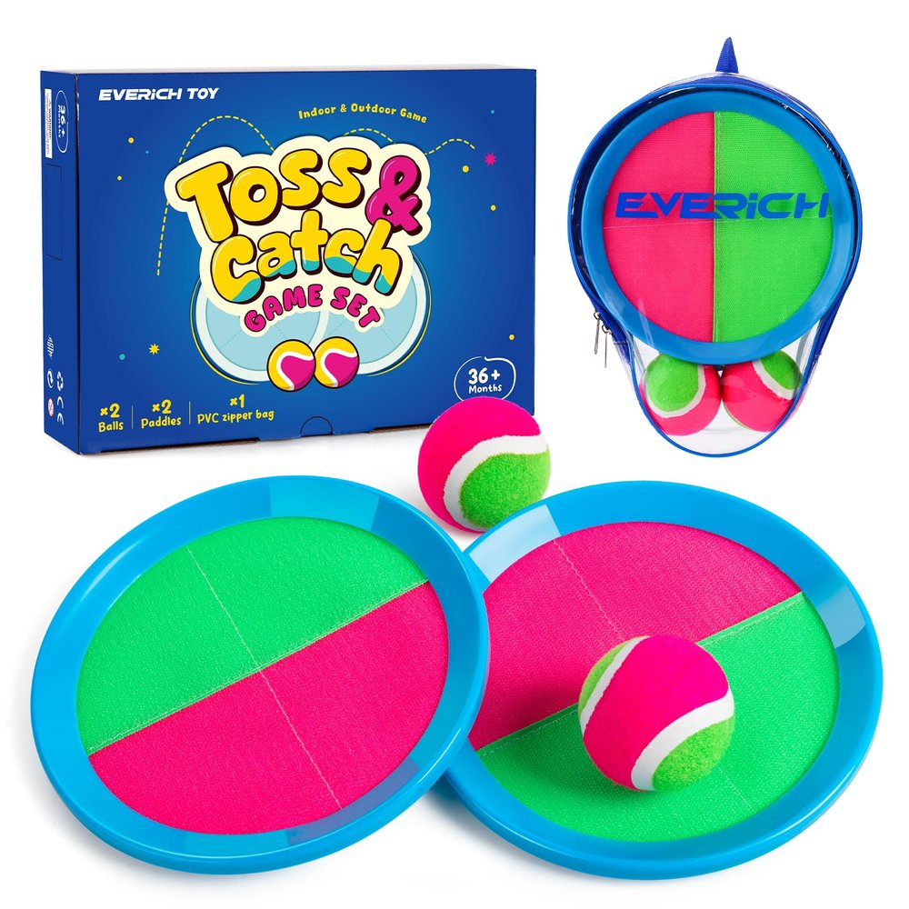 EVERICH Upgraded Toss and Catch Ball Game Set - Indoor and Outdoor Games for Kids 3-12, Beach Sand Pool Water Toy Includes 2 Paddles 2 Sticky Balls, Great Birthday Easter Gifts for Boys Girls