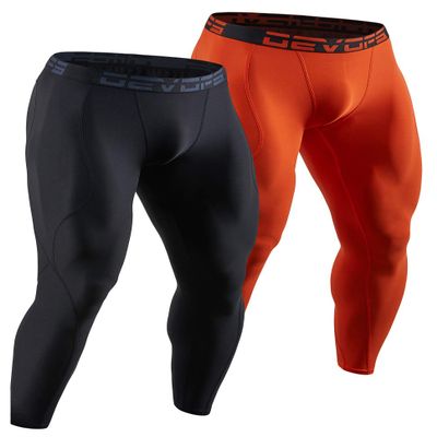 DEVOPS 2 Pack Men's Compression Pants Athletic Leggings (Large, Black/Orange)