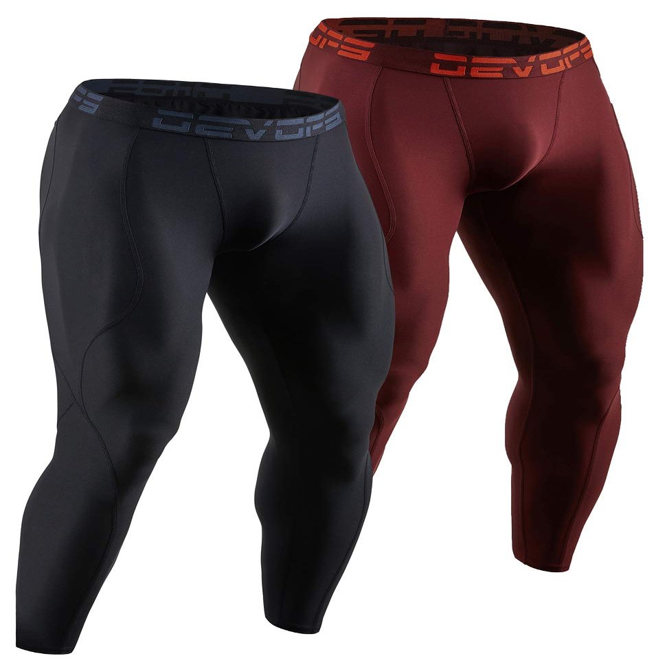 DEVOPS 2 Pack Men's Compression Pants Athletic Leggings (Small, Black/Brick)