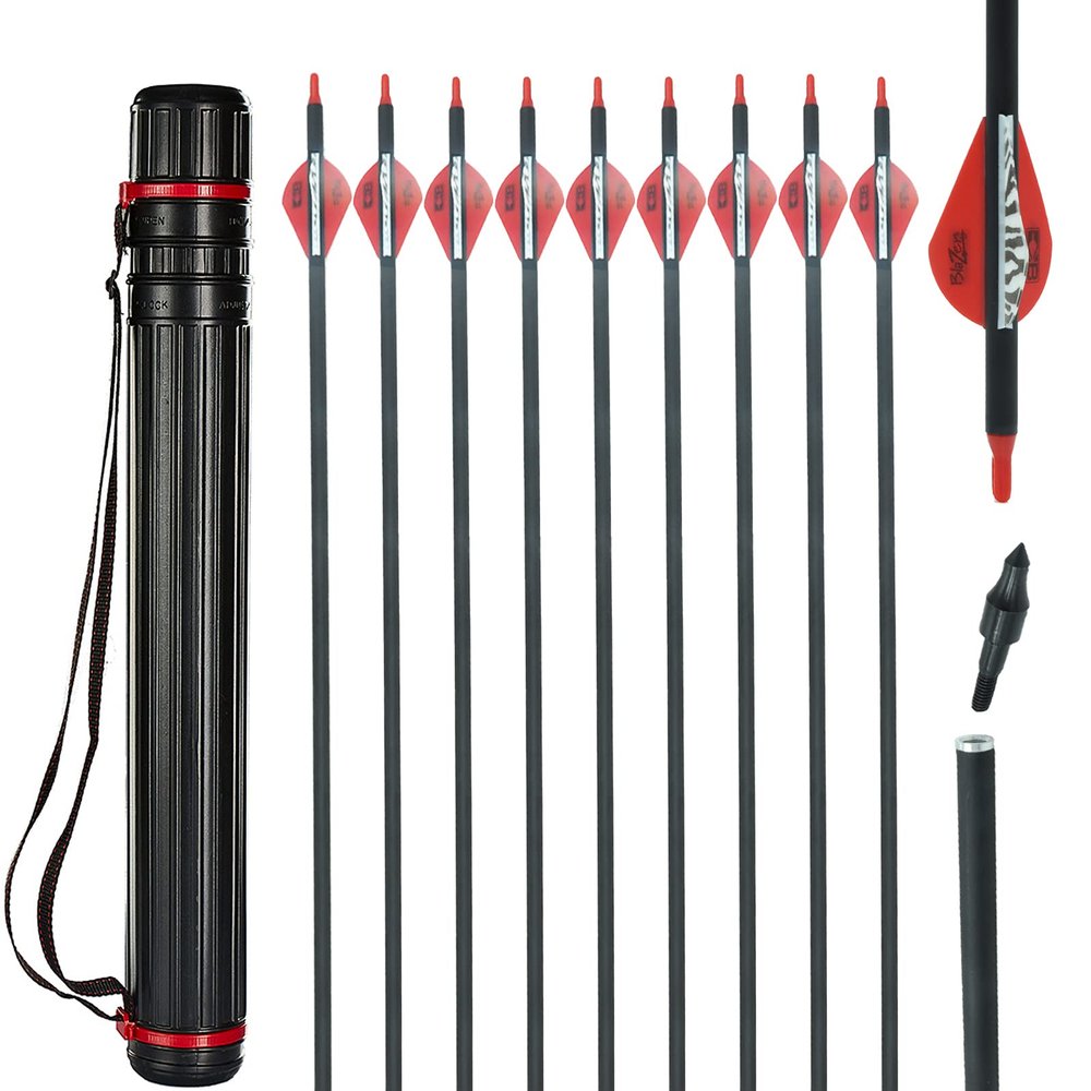 Obert 12pcs 30 Inch Carbon Arrows for Recurve Bow 500 Spine Hunting Arrows and Quiver Set for Archery Target Practice