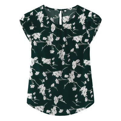 TASAMO Women's Printed Flouncing Flared Short Sleeve Blouse Top Shirts Floral (XX-Large, FP Dark Green 01)