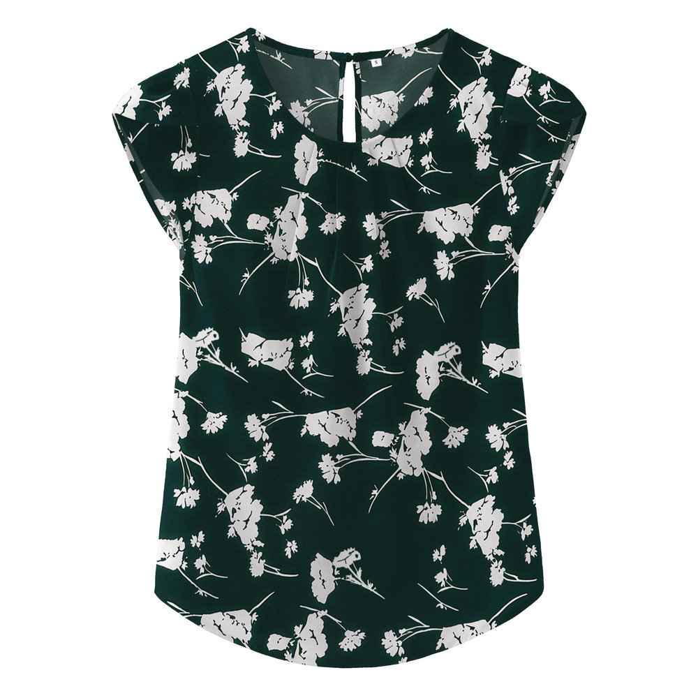 TASAMO Women's Printed Flouncing Flared Short Sleeve Blouse Top Shirts Floral (XX-Large, FP Dark Green 01)