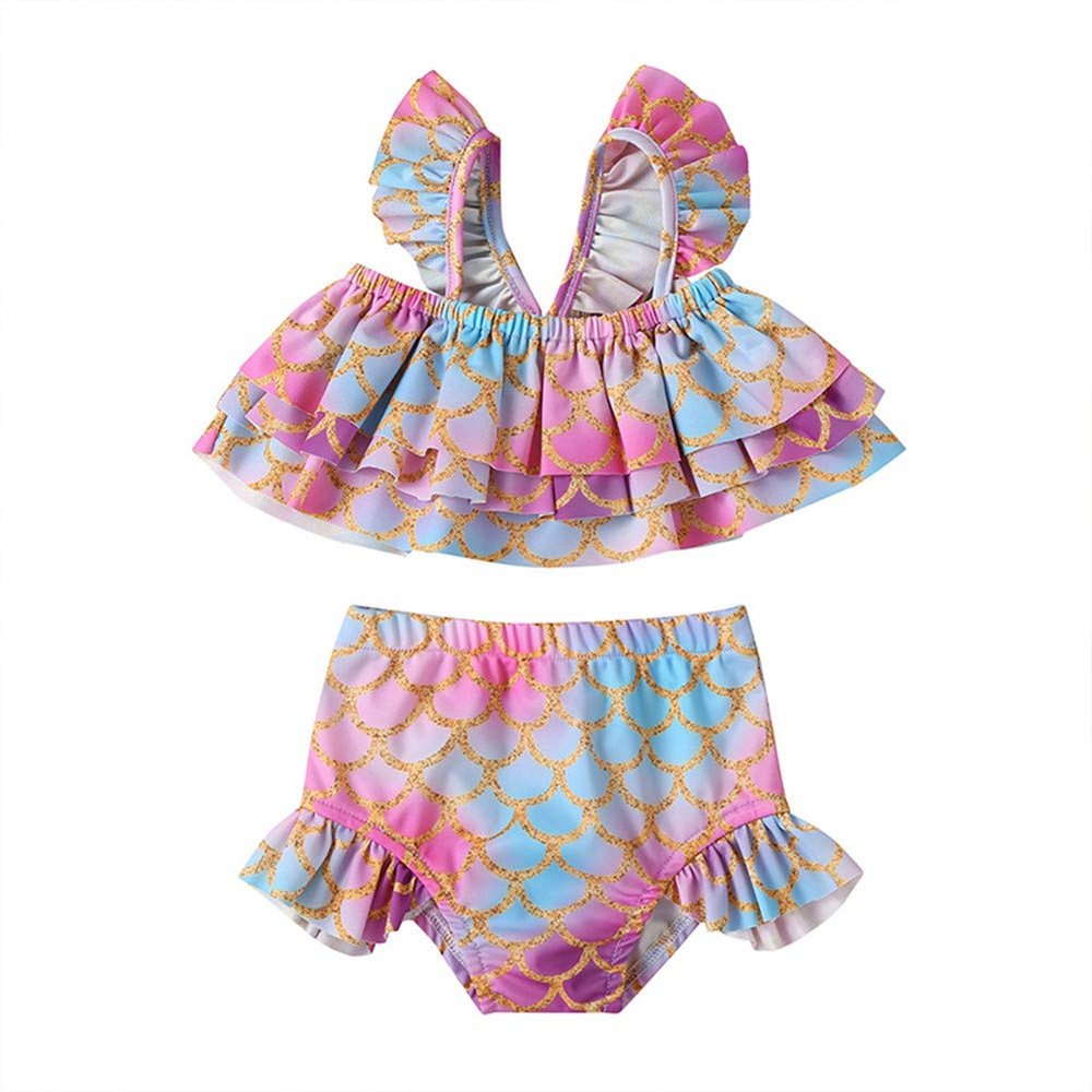 2Pcs/Set Toddler Kid Baby Girls Mermaid Swimsuits Halter Swimwear Ruffled Beachwear Bathing Suit Bikini Set 1-5Y (Purple, 18-24M)