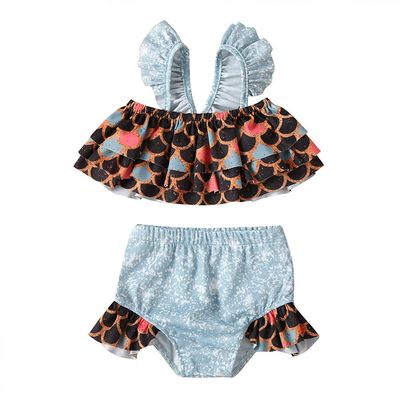 2Pcs/Set Toddler Kid Baby Girls Mermaid Swimsuits Halter Swimwear Ruffled Beachwear Bathing Suit Bikini Set 1-5Y (Black+Blue, 18-24M)