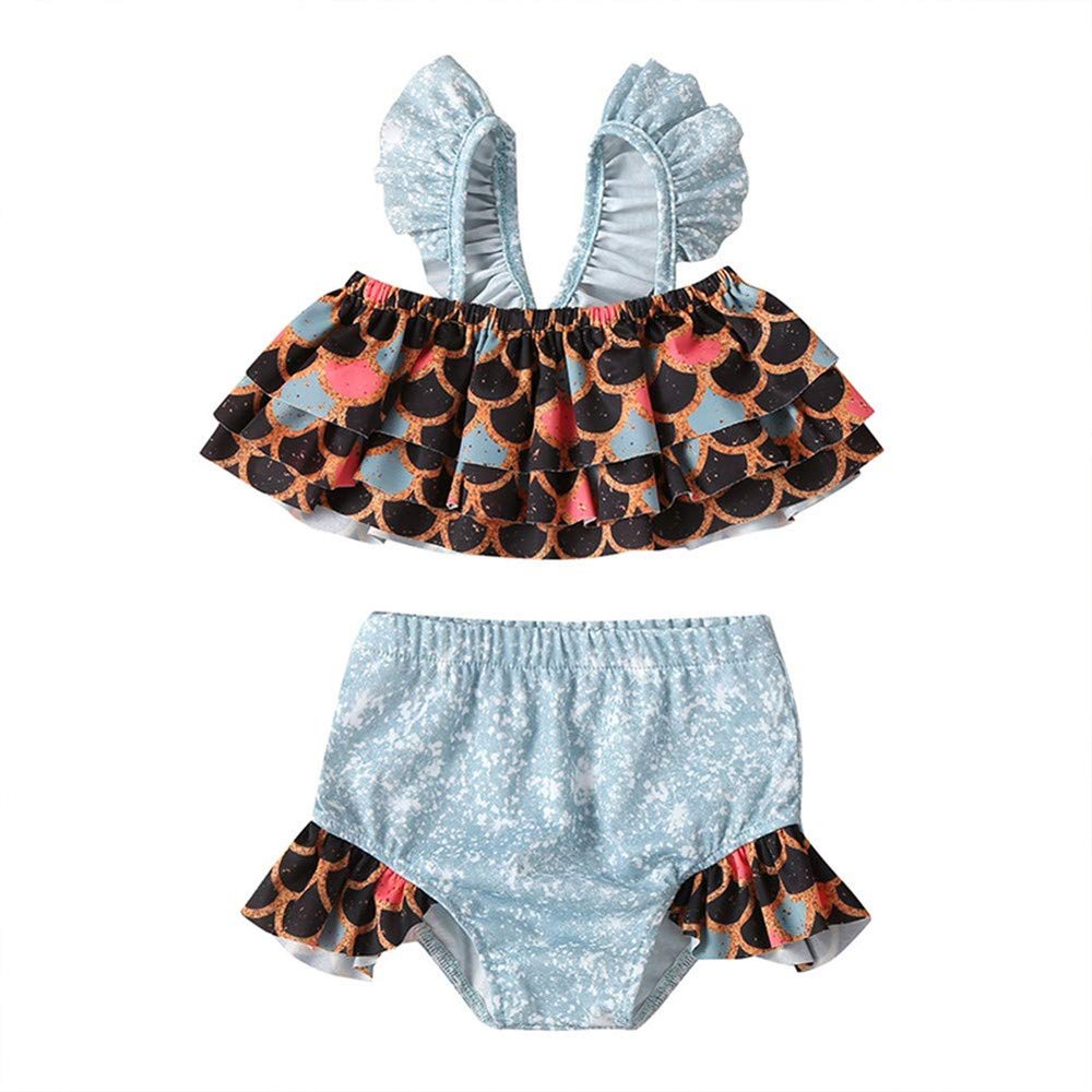 2Pcs/Set Toddler Kid Baby Girls Mermaid Swimsuits Halter Swimwear Ruffled Beachwear Bathing Suit Bikini Set 1-5Y (Black+Blue, 18-24M)