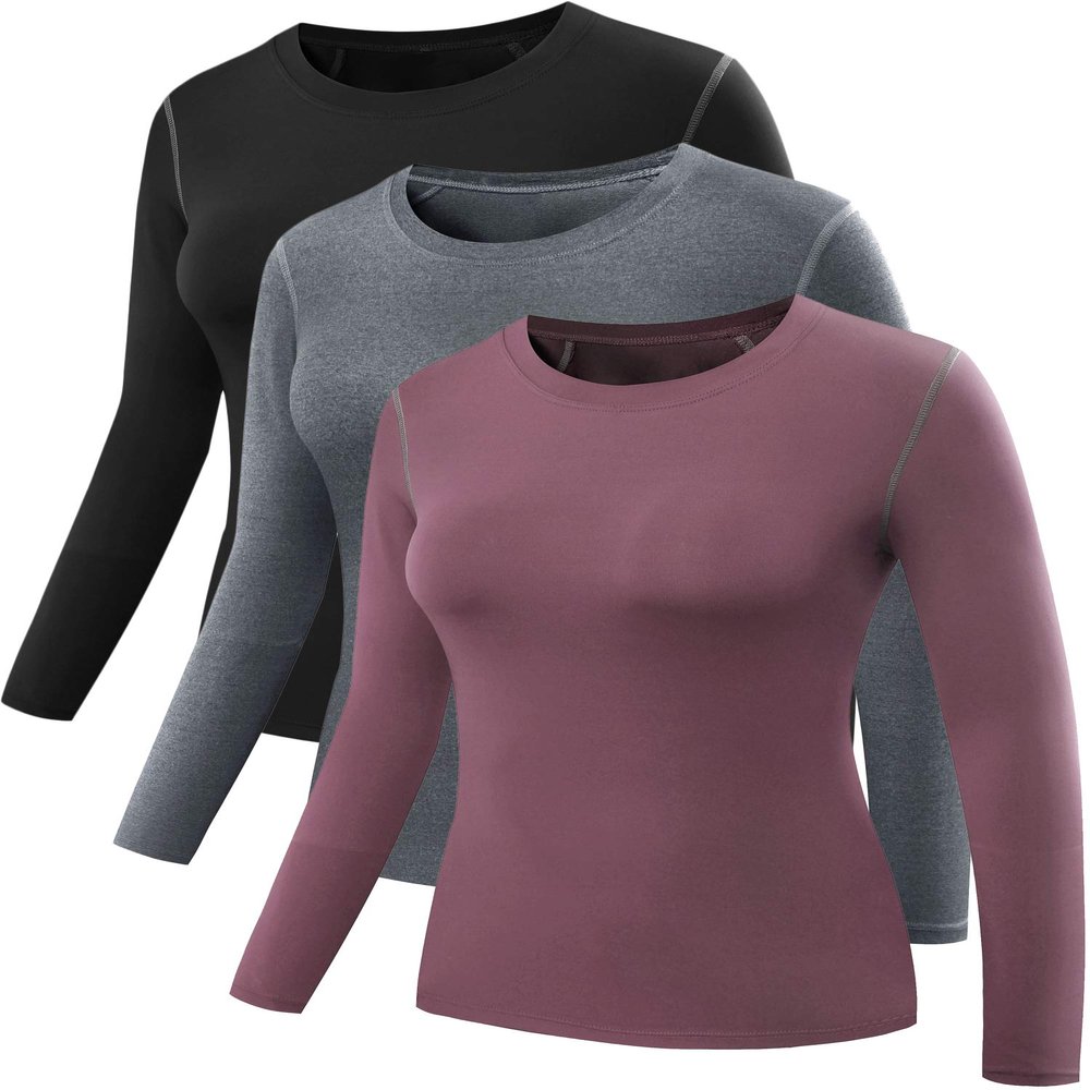 NELEUS Women's 3 Pack Dry Fit Athletic Compression Long Sleeve T Shirt,8019,Black/Grey/Rosy Brown,US 2XL,EU 3XL