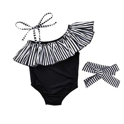 Baby Girl Hawaiian Ruffles Bikini One-Piece Swimsuit Beach Bathing Suit Floral Swimwear+Headband 2 Pcs Set (Black Strips, 2-3 Years)