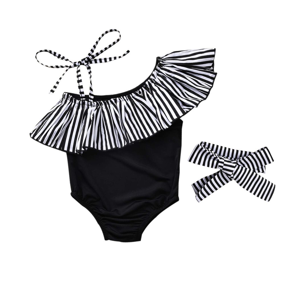 Baby Girl Hawaiian Ruffles Bikini One-Piece Swimsuit Beach Bathing Suit Floral Swimwear+Headband 2 Pcs Set (Black Strips, 12-18 Months)