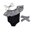 Baby Girl Hawaiian Ruffles Bikini One-Piece Swimsuit Beach Bathing Suit Floral Swimwear+Headband 2 Pcs Set (Black Strips, 12-18 Months) view 1