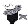 Baby Girl Hawaiian Ruffles Bikini One-Piece Swimsuit Beach Bathing Suit Floral Swimwear+Headband 2 Pcs Set (Black Strips, 0-6 Months) view 1