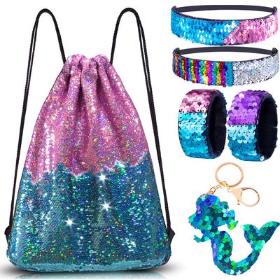 GA&EN Mermaid Reversible Sequin Drawstring Backpack/Bag Iridescent Dotted Blue/Light Purple for Kids Girls