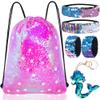 Mermaid Reversible Sequin Drawstring Backpack/Bag Clear Iridescent Sequin+ Pink Star Shape Spotted Fabric for Kids Girls view 1