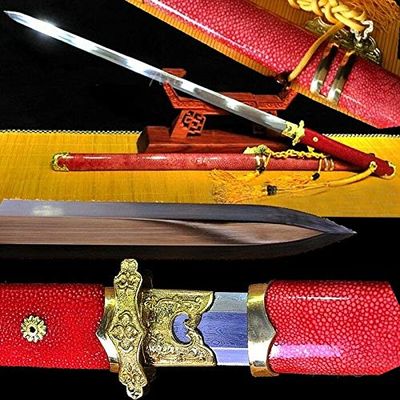 GLW Sword Tang Sword SandwichSteel forging Pattern Steel Blade Sharp 100% Handmade Grinding Polishing Chinese Longquan Sword Sword Jian Sharp Blade Battle Ready