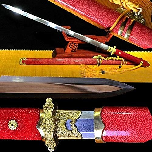 GLW Sword Tang Sword SandwichSteel forging Pattern Steel Blade Sharp 100% Handmade Grinding Polishing Chinese Longquan Sword Sword Jian Sharp Blade Battle Ready