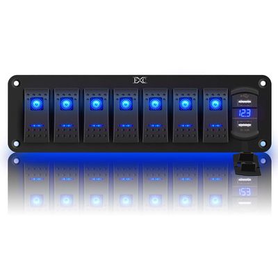 7 Gang Waterproof Marine Boat Rocker Switch Aluminum Panel, DC 12V/24V 5Pin ON-Off Switch, with LED Digital Display Voltmeter & 4.8A Dual USB Slot Socket for Car Rv Vehicles Truck, 3 Years Warranty