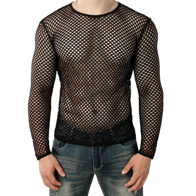 VOWUA Men's Mesh See Through Fishnet Shirts Muscle Pullover Long Sleeves Crew Neck Casual Clubwear Blouse Black
