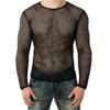 VOWUA Men's Mesh See Through Fishnet Shirts Muscle Pullover Long Sleeves Crew Neck Casual Clubwear Blouse Black view 1