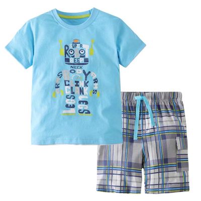 Banibear Toddler Boys Robot Print Short Sleeve T Shirt Tees and Plaid Short Pants Set 2 Pcs Clothes Outfit, Blue, Size 5-6 Years