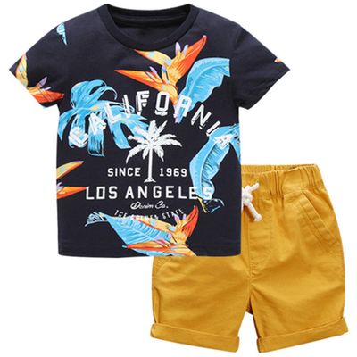 Banibear Kids Boys Palm Leaves Print Short Sleeve T Shirt Tees and Short Pants Set 2 Pcs Clothes Outfit, Dark Blue, Size 5-6 Years (Tag 6)