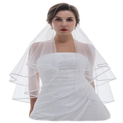 SAMKY 2T 2 Tier 1/4" Satin Ribbon Edge Wedding Veil - White Fingertip Length 36" V296