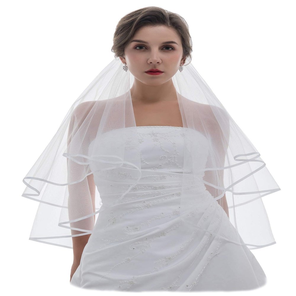 SAMKY 2T 2 Tier 1/4" Satin Ribbon Edge Wedding Veil - White Fingertip Length 36" V296