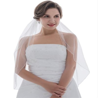 SAMKY 1T 1 Tier Bugle CrystalS Beaded Wedding Veil - Light Ivory Fingertip Length 36" V385