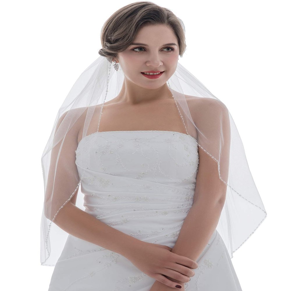 SAMKY 1T 1 Tier Bugle CrystalS Beaded Wedding Veil - Light Ivory Fingertip Length 36" V385