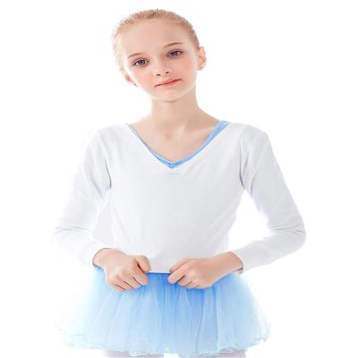 Daydance White Girl's Dance Sweater Cropped Pullover V-Neck Ballet Top Warm Up for Leotards, Long Sleeve