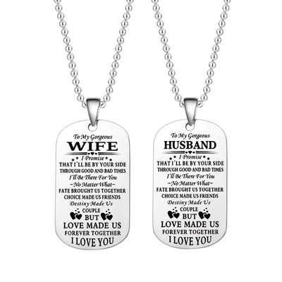 Abitoncc Valentine's Day Gift To My Wife Husband Couple Lettering Necklace Stainless Steel Engraved Dog Tag Pendant I Love You Necklace Jewelry Birthday Gift
