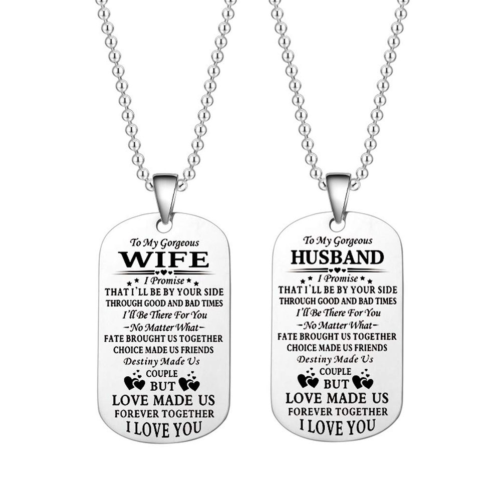 Abitoncc Valentine's Day Gift To My Wife Husband Couple Lettering Necklace Stainless Steel Engraved Dog Tag Pendant I Love You Necklace Jewelry Birthday Gift