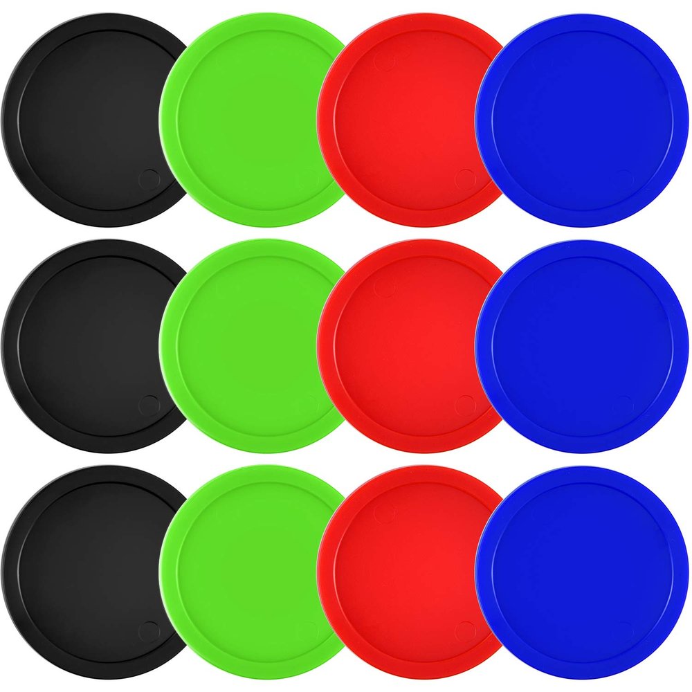 Coopay 12 Pieces Home Air Hockey Pucks 2.5 Inch Heavy Replacement Pucks for Game Tables Equipment Accessories, 12 Grams (Red, Black, Blue, Green)
