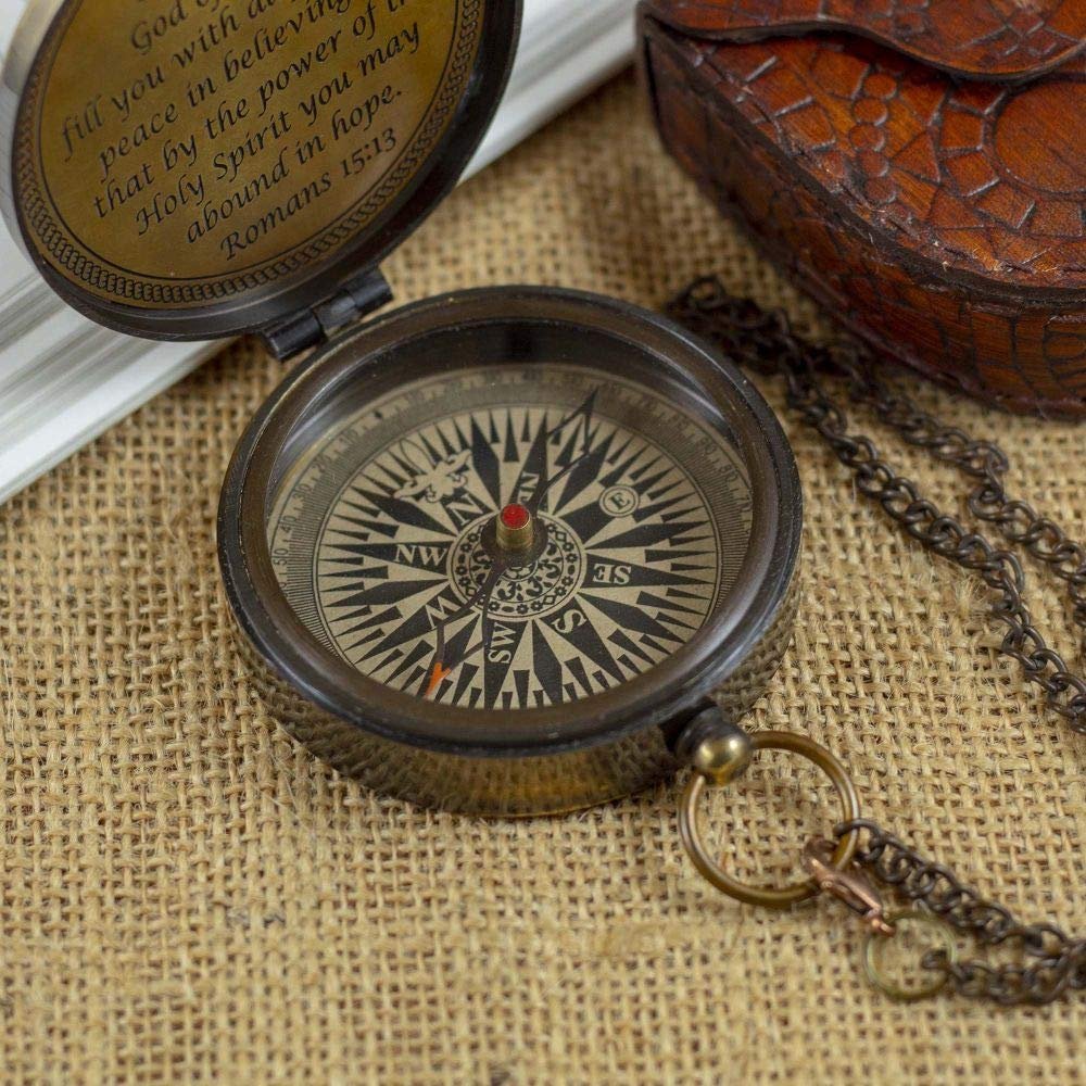 Calyron Brass 2.25" Pocket Magnetic Compass with Chain Nautical Boat Decor Antique Steampunk Style Sun dial Engraved Gifts Directional Pirate Hiking Travel Camping Compass