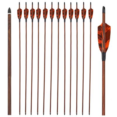 Obert 12pcs Pure Carbon Arrows 28 Inch with 4" Turkey Feathers & Replaceable Arrow Tips Wood Grain Shaft for Recurve/Compound Bow (Spine400)