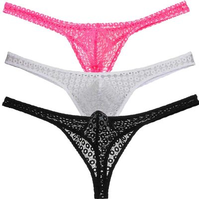 JAXFSTK Men's Pouch Panties Men's Hollow Lace Thong Underwear Male Bikini T-back See-through G-string 3-Pack M