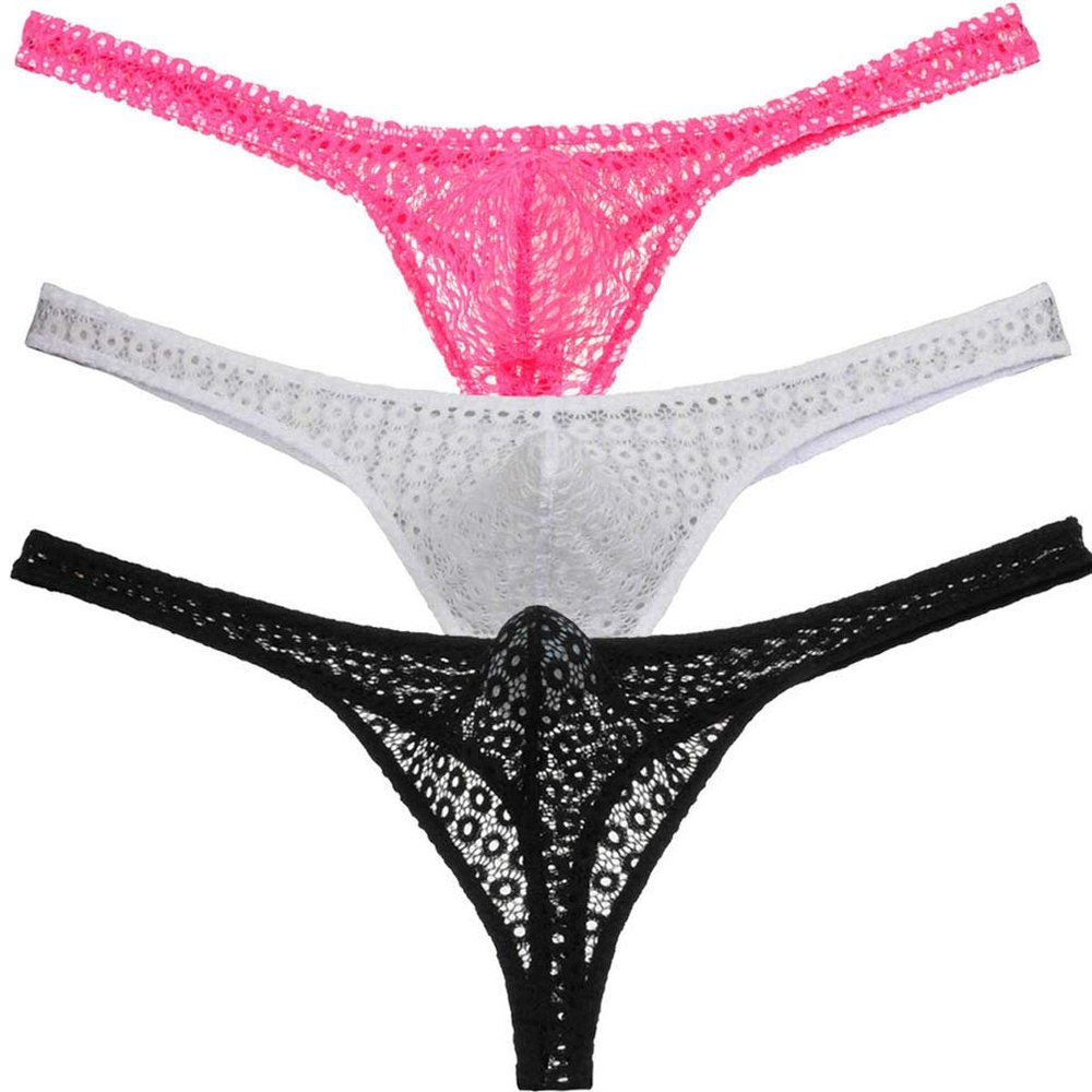 JAXFSTK Men's Pouch Panties Men's Hollow Lace Thong Underwear Male Bikini T-back See-through G-string 3-Pack M