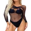 Abberrki Women Sexy Sparkle Rhinestone Teddy Fishnet Long Sleeve One Piece Bodysuit (Black 2) view 1