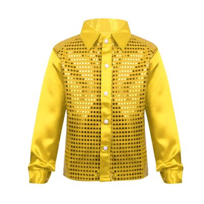 JEATHA Kids Boys Shiny Sequins Lapel Long Sleeve Hip Hop Jazz Latin Dance Shirts Stage Performance Costume Gold 12-14