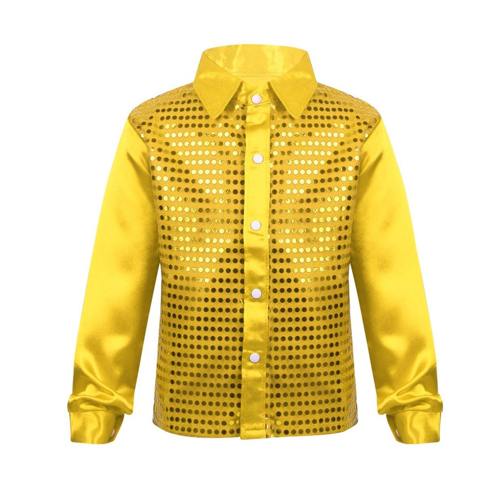 JEATHA Kids Boys Shiny Sequins Lapel Long Sleeve Hip Hop Jazz Latin Dance Shirts Stage Performance Costume Gold 12-14